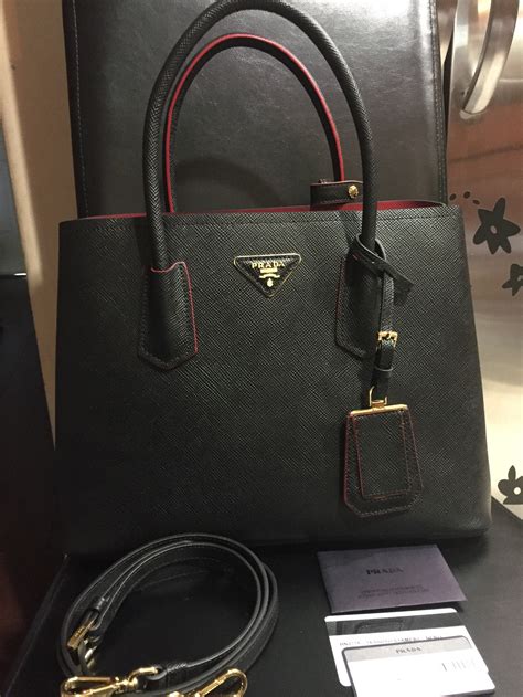 prada black handbag with red lining|prada saffiano cuir double bag.